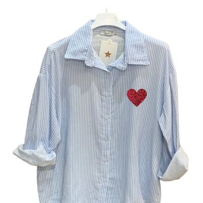 Gestreiftes Hemd aus Baumwollgaze mit Herz-Print