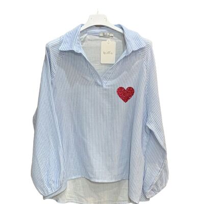 Striped cotton gauze blouse with heart print