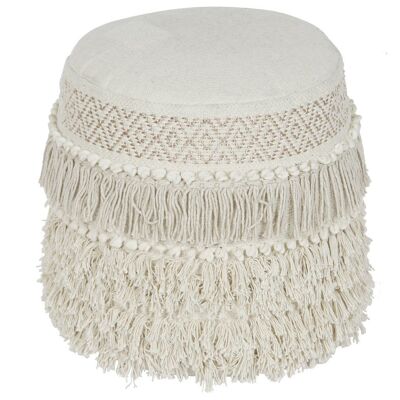 Cotton Footstool 40X40X45 White Fringes MB208613
