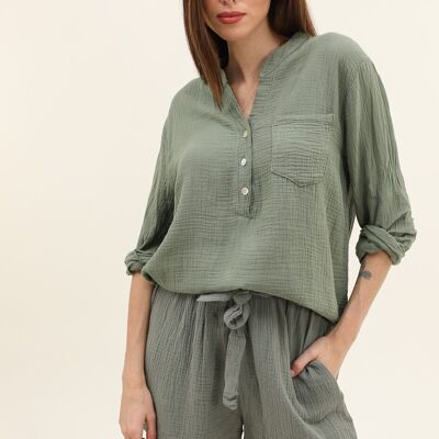 #80641 Camicia in garza di cotone con collo alla coreana