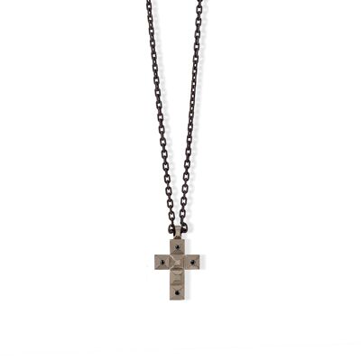 Small cross collection borchie titanium, 4 black diamonds , red gold 9 kt and chain-