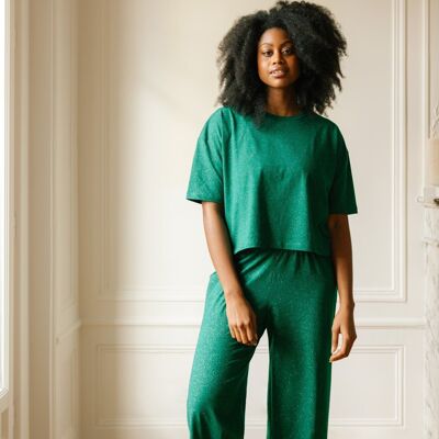 Long Organic Cotton Pajamas - Green Sequins