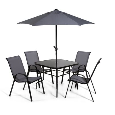 The Lancaster - Juego de comedor de jardín de 4 asientos de metal negro y gris con sombrilla incluida