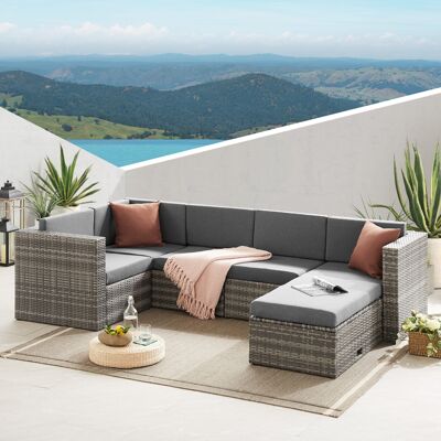 The Tatton – mobilier de jardin en rotin gris, canapé d'angle 6 places et table basse, ensemble de patio
