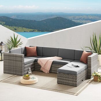 The Tatton – mobilier de jardin en rotin gris, canapé d'angle 6 places et table basse, ensemble de patio 1