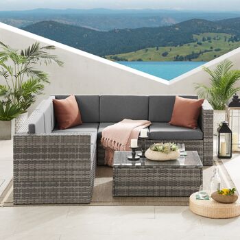 The Tatton – mobilier de jardin en rotin gris, canapé d'angle 6 places et table basse, ensemble de patio 2