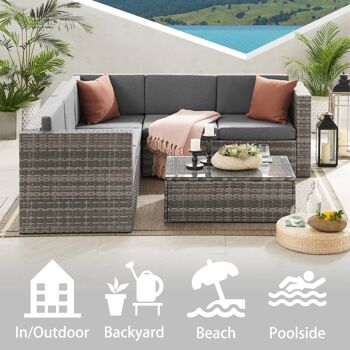 The Tatton – mobilier de jardin en rotin gris, canapé d'angle 6 places et table basse, ensemble de patio 4