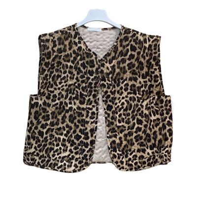 Leopard cotton gauze sleeveless jacket