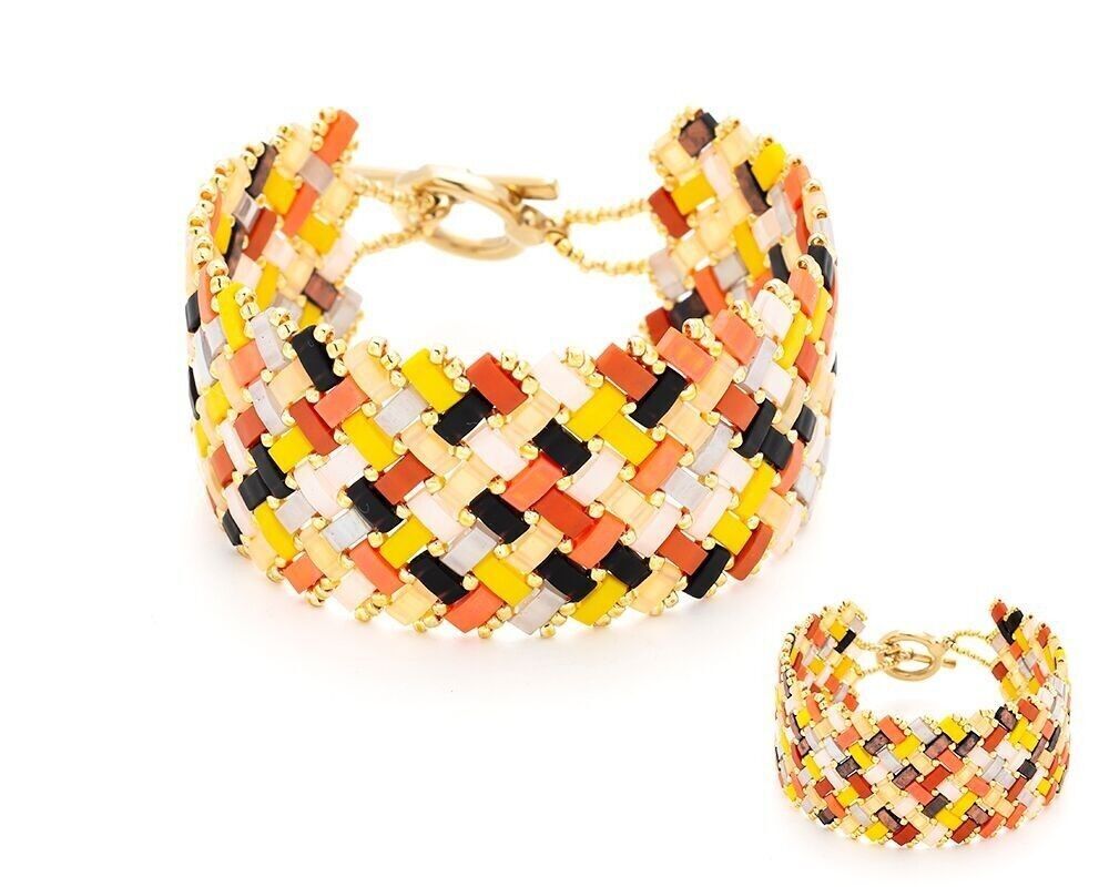 Manschettenarmband aus Stahl, geflochten aus TILA-Perlen, mit T-Verschluss