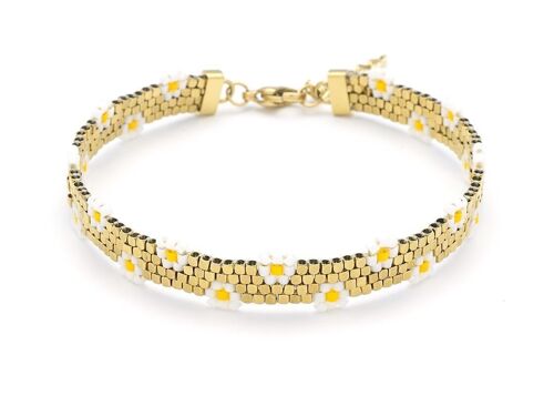 Bracelet acier tissage perles de verre motifs petites fleurs