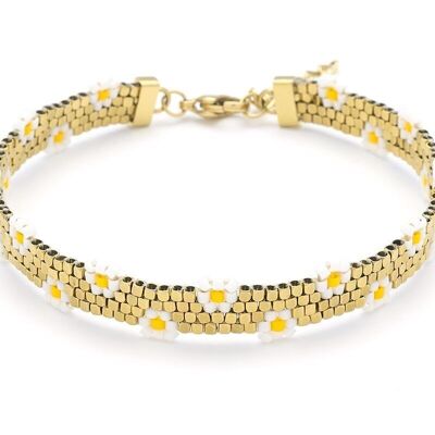 Bracelet acier tissage perles de verre motifs petites fleurs