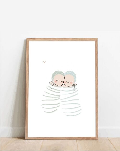 Affiche A4 - Jumeaux, illustration pour enfants, cadeau de naissance, déco chambre bébé