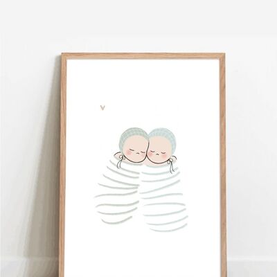 Póster A4 - Gemelos, ilustración para niños, regalo de nacimiento, decoración habitación bebé