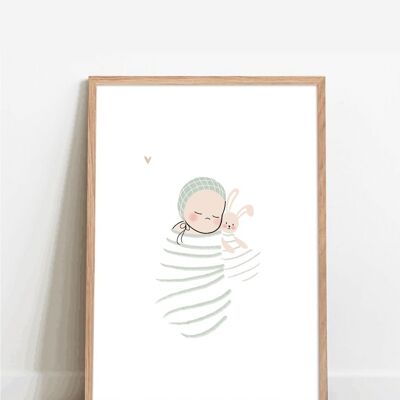 Póster A4 - bebé y su peluche, ilustración para niños, regalo de nacimiento, decoración de la habitación del bebé
