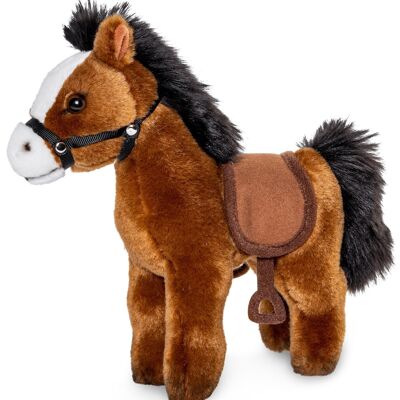 Horse, standing, brown (with saddle and stirrups) - 23 cm (length) - Keywords: farm, plush, plush toy, stuffed animal, cuddly toy