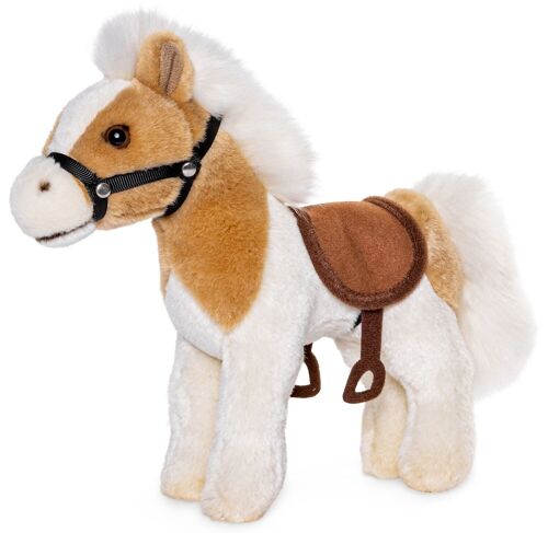 Pferd, stehend, beige-weiß (mit Sattel und Steigbügel) - 23 cm (Länge) Keywords: Bauernhof, Plüsch, Plüschtier, Stofftier, Kuscheltier