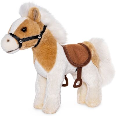 Horse, standing, beige-white (with saddle and stirrups) - 23 cm (length) Keywords: farm, plush, plush toy, stuffed animal, cuddly toy