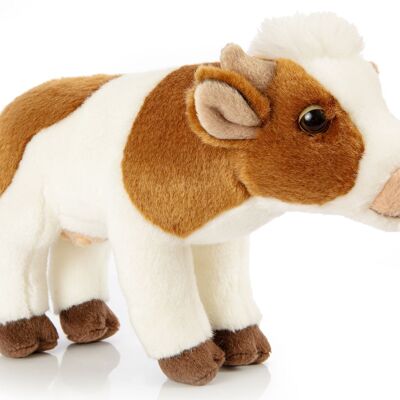 Vaca blanco-marrón, de pie - 27 cm (largo) - Palabras clave: granja, ganado, peluche, peluche, peluche, peluche