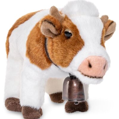 Vaca blanco-marrón, de pie - con campana - 27 cm (largo) - Palabras clave: granja, ganado, peluche, peluche, peluche, peluche