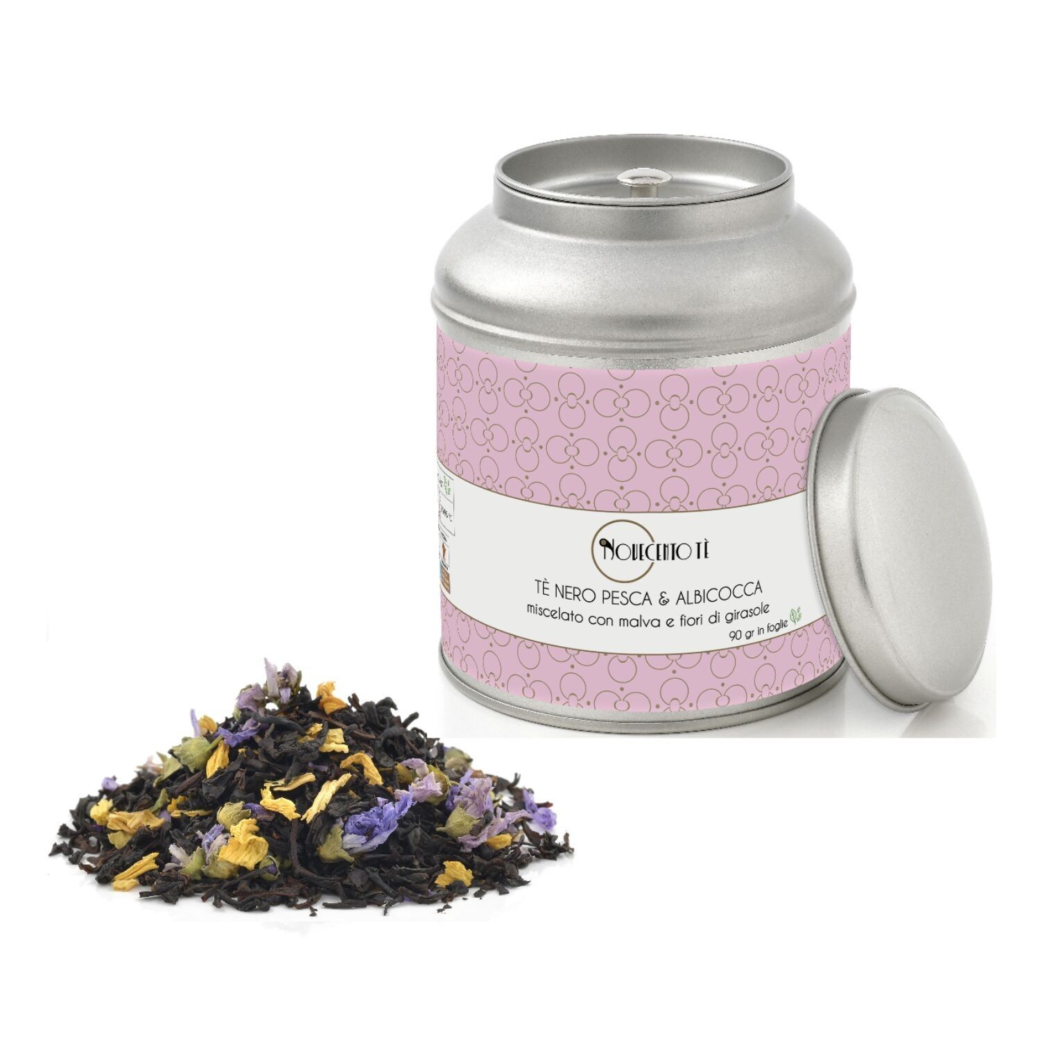 Hojas de Té Negro Melocotón y Albaricoque - 90 Gr | Flores de melocotón, albaricoque, malva y girasol infundidas con té negro | Mezcla de Té Negro y Flores Sueltas en Lata de Metal