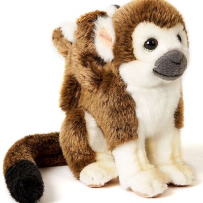 Mono ardilla con bebé sentado - 19 cm (altura) - Palabras clave: animal salvaje exótico, mono, peluche, peluche, peluche, peluche