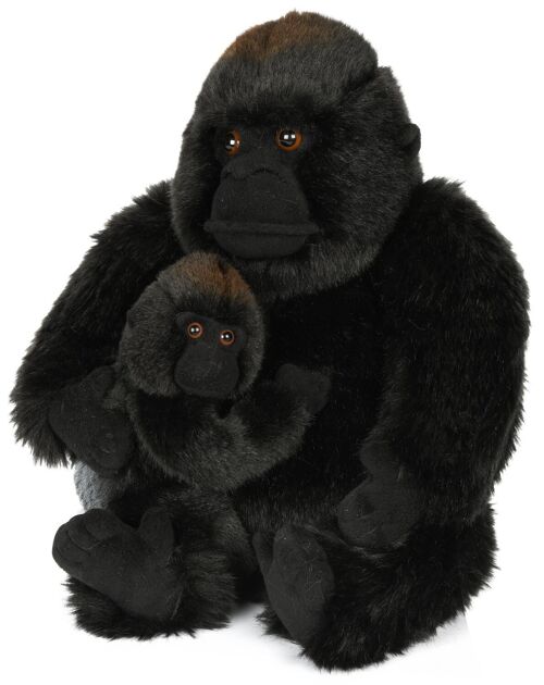 Gorilla mit Baby, sitzend - 29 cm (Höhe) - Keywords: Exotisches Wildtier, Affe, Plüsch, Plüschtier, Stofftier, Kuscheltier