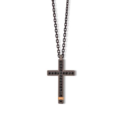 Chain with cross made in titanium, red gold, 22 black diamonds and chain.-