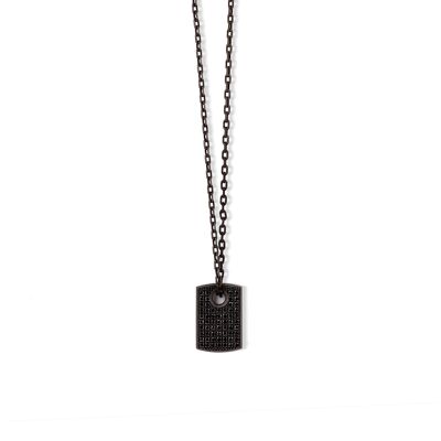 Small tag made in titanium, black diamonds, red gold 18 kt, red gold 9 kt and chain.-