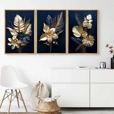 Abstraktes Blumenplakat in Blau und Gold - Poster für die Innendekoration
