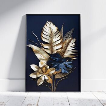 Affiche fleurs abstraites bleu et doré - Poster pour décoration d'intérieur 3