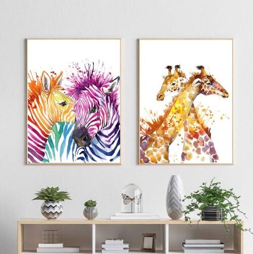 Affiches zèbres et girafes colorées - Poster pour décoration d'intérieur