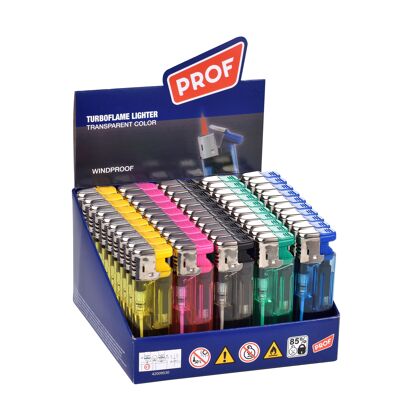 Display of 50 transparent colored lighters