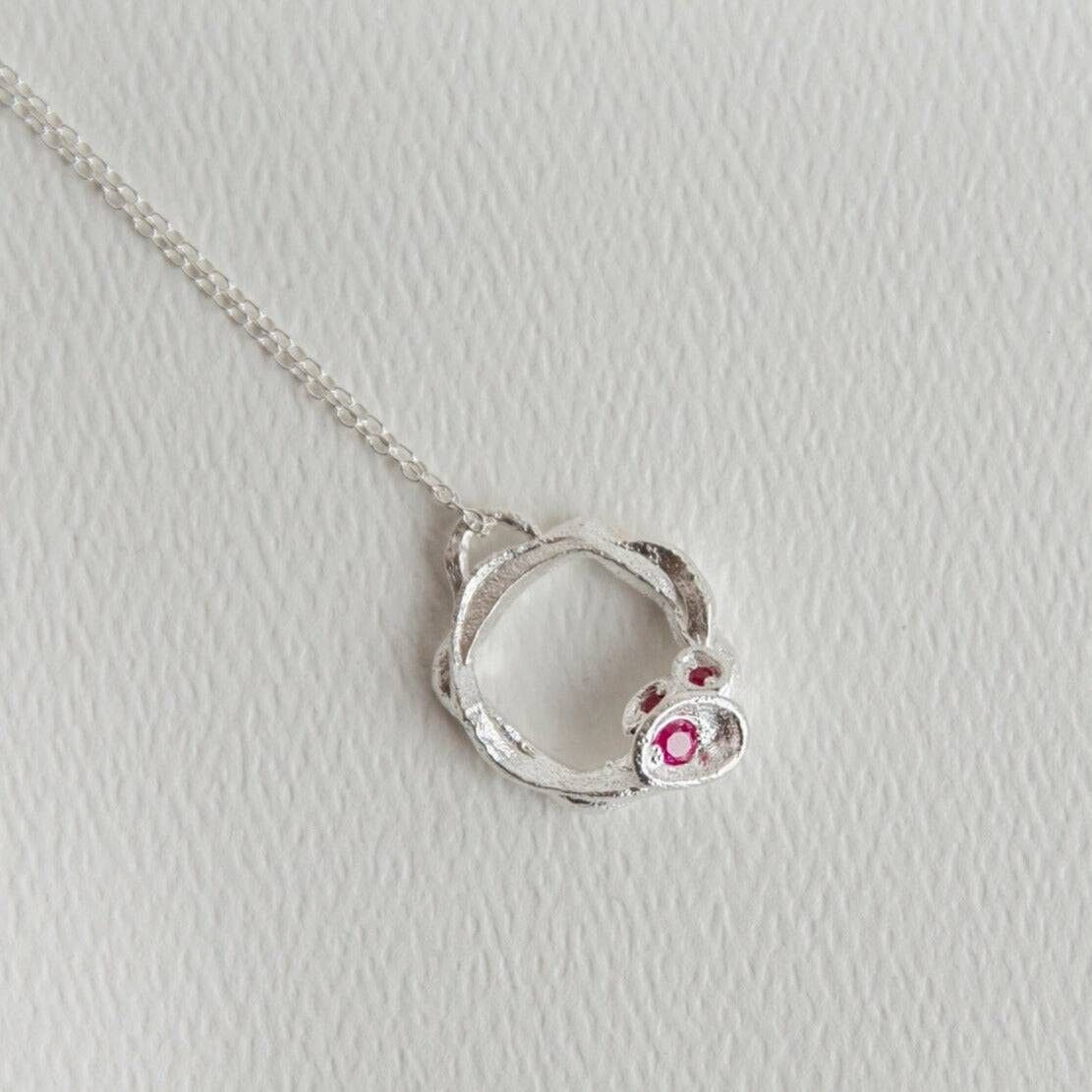 Ruby and Silver Branch Circle Necklace - Large