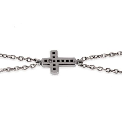 Bracelet with cross made in burnished 9kt withe gold, 11 black diamonds  and chain.-m