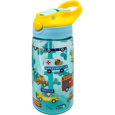 Reusable Children's Bottle BPA Free Foldable Mouthpiece, Ergonomic, Resistant, Durable, Lightweight, Cars
