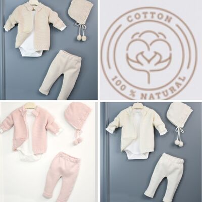 Un paquete de cuatro tamaños para niña, 100% algodón, prendas de punto para bebé, cuello de encaje, conjunto moderno para bebé