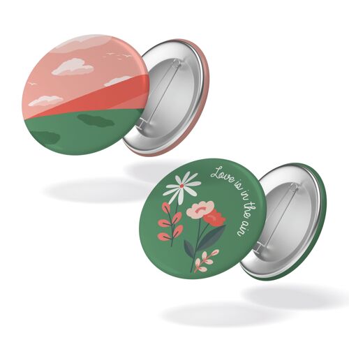 Love is in the air - Montagne + fleurs fond vert - Lot de 2 badges #95