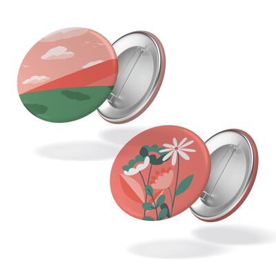 Love is in the air - Montagne + fleurs fond rose - Lot de 2 badges #94