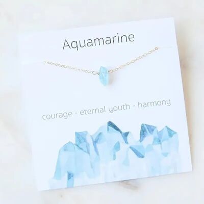 Blue Aquamarine Natural Stone Pendant Necklace on Card - March