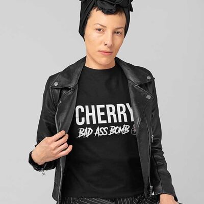 T-shirt Femme, manches courtes, col Rond "Cherry bad ass bomb" noir