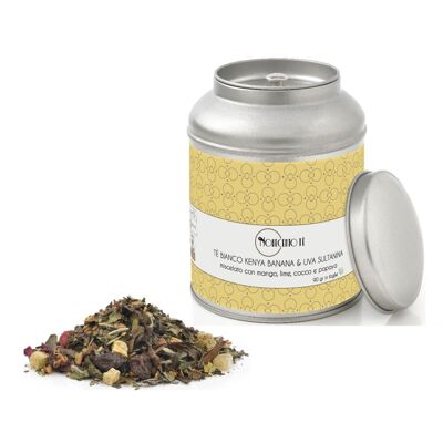 White Tea Kenya Banana Sultana Grape Leaves - 90 Gr | White Tea Mango, Lime, Coconut, Papaya | White Tea Blend with Fruit Pieces in Loose Metal Tin