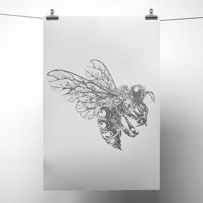 Silver Metallic Bee Print A3