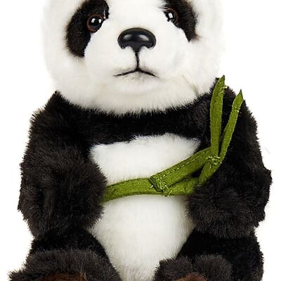 Panda bear with leaf, sitting - 17 cm (height) - Keywords: Exotic wild animal, bear, panda, plush, plush toy, stuffed toy, cuddly toy