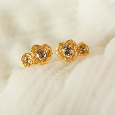 White Topaz Gold Double Lichen Stud Earrings