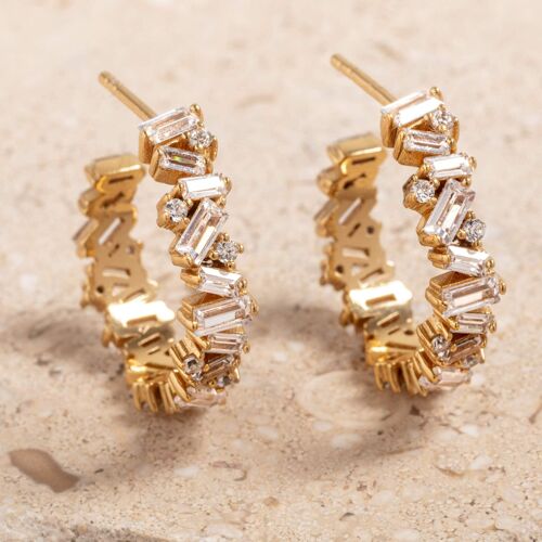 Statement Sparkly Gold Baguette Hoop Earrings (20mm)