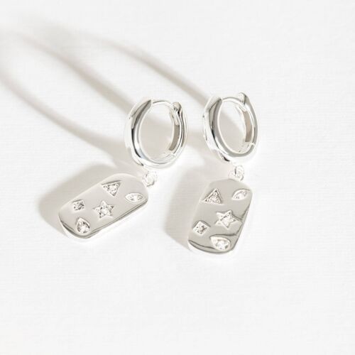 Mystic Star Silver Dog Tag Huggie Earrings