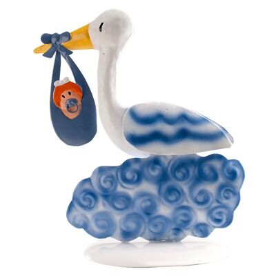 FIGURINE GÂTEAU DE BAPTÊME CIGOGNE EN MÉTAL BLEU ENFANT 18CM