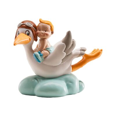 FIGURINE POUR GÂTEAU DE BAPTÊME CIGOGNE VOLANTE BLEUE 10CM