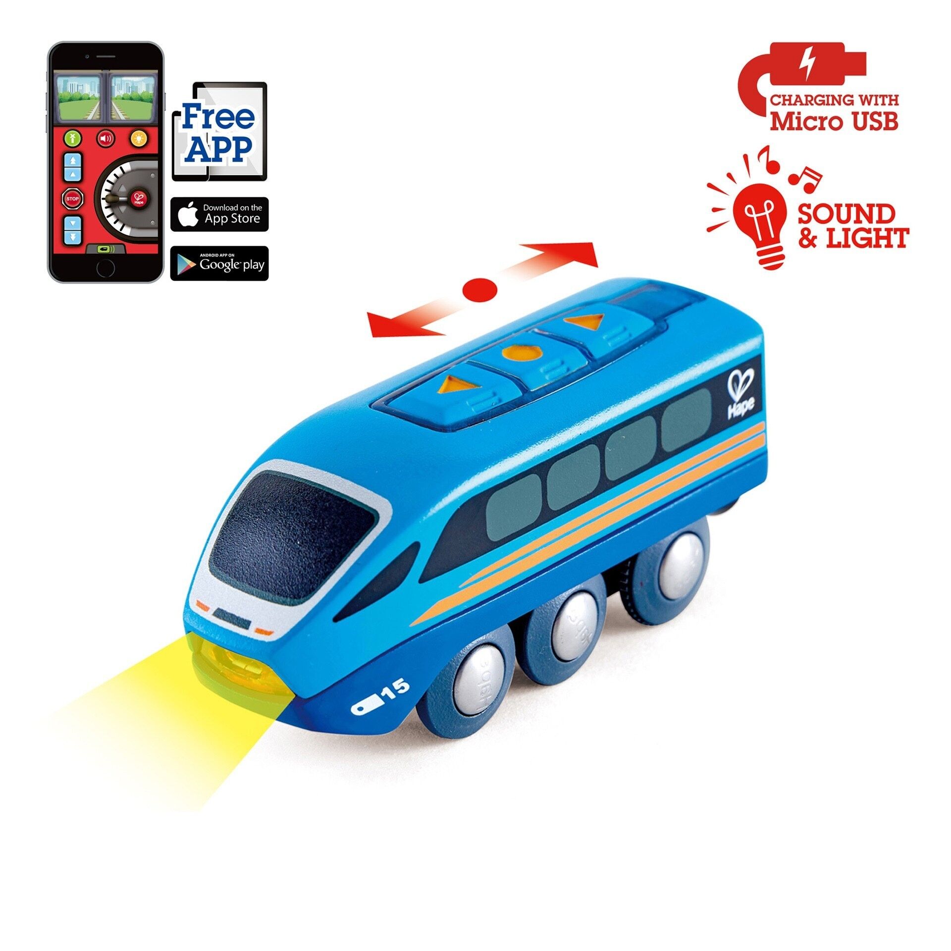 Hape - Wooden toy - Train circuit - Train controllable remotely from your phone with an App