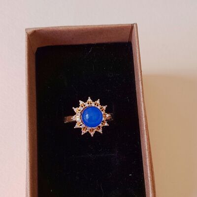 Anello dorato a fiore con onice blu, artigianale, nischenfrei, regolabile